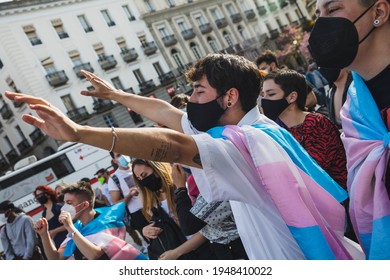 MADRID, SPAIN - MARCH 31, 2021: A Protestor Attends A Rally On International Transgender Day Of Visibility. On This Day The Transgender Community Vindicates Trans Rights