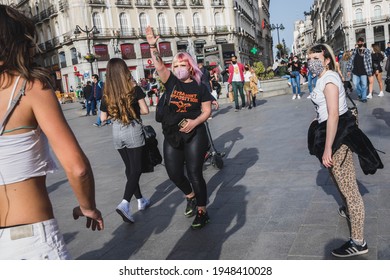 MADRID, SPAIN - MARCH 31, 2021: Two Neonazi Women Interrupts A Rally On International Transgender Day Of Visibility. On This Day The Transgender Community Vindicates Trans Rights