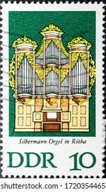 MADRID, SPAIN - MARCH 5, 2020. Vintage stamp printed in Deutsche Demokratische Republik (DDR) show Silbermann Organ, in Rotha