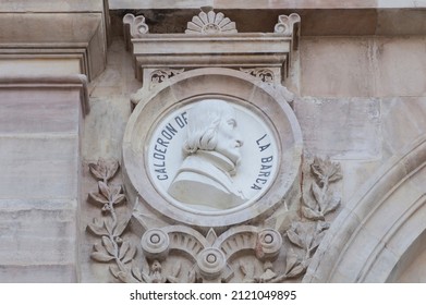 Madrid, Spain - March 6th, 2021: Pedro Calderon De La Barca Medallion At National Library Of Spain, Madrid. Spanish Dramatist, Poet And Writer