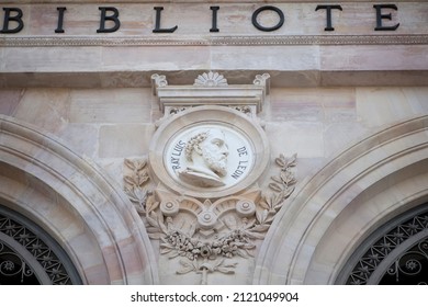 Madrid, Spain - March 6th, 2021: Fray Luis De Leon Medallion At National Library Of Spain, Madrid. Selective Focus