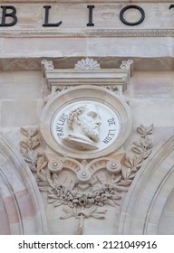 Madrid, Spain - March 6th, 2021: Fray Luis De Leon Medallion At National Library Of Spain, Madrid. Selective Focus