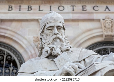 Madrid, Spain - March 6th, 2021: Isidore Of Seville Statue At National Library Of Spain, Madrid. Medieval Spanish Scholar