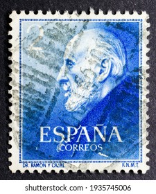 MADRID, SPAIN - MARCH 7, 2021. Vintage Stamp Printed In Spain Shows Santiago Ramon Y Cajal (1852 - 1934), A Spanish Neuroscientist, Nobel Prize In Physiology Or Medicine In 1906