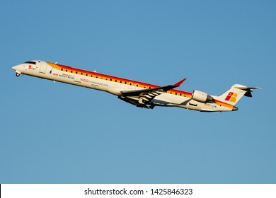 MADRID / SPAIN - MAY 1, 2016: Iberia Regional Air Nostrum Bombardier CRJ-1000 EC-LPN passenger plane departure at Madrid Barajas Airport