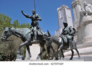 MADRID, SPAIN - MAY 10, 2012: Sculpture of Don Quixote, Sancho Panza and Miguel de Cervantes in Plaza de Espana, Madrid