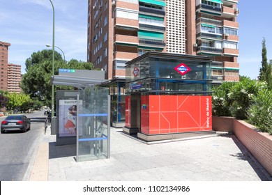 MADRID, SPAIN - MAY 15 2018: Entrance to the Madrid Metro subway system. Madrid Metro is great public transport to travel in the city. It has many stations and lines. Pinar de Chamartin station