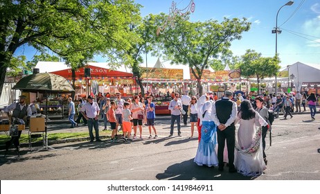 Madrid / Spain - May 15, 2019: A Family With Traditional Costumes Being Interviewed In The San Isidro 2019 Festival