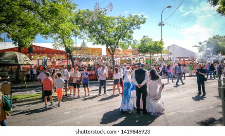 Madrid / Spain - May 15, 2019: A Family With Traditional Costumes Being Interviewed In The San Isidro 2019 Festival