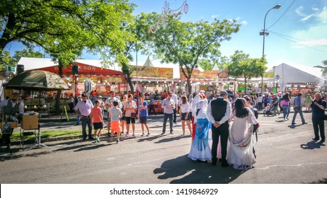 Madrid / Spain - May 15, 2019: A Family With Traditional Costumes Being Interviewed In The San Isidro 2019 Festival