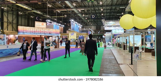 Madrid, Spain, May, 20, 2021: Fitur 2021, safety distances and masks for the prevention of covid 19 with few visitors