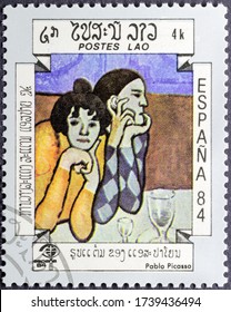 MADRID, SPAIN - MAY 22, 2020. Vintage Stamp Printed In Lao Shows 