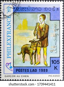 MADRID, SPAIN - MAY 22, 2020. Vintage Stamp Printed In Lao Shows 