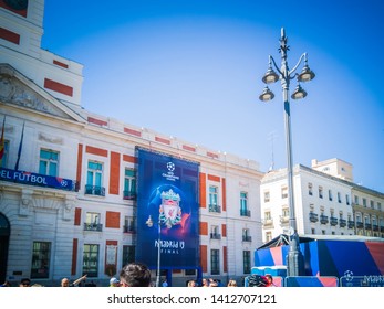 Madrid / Spain - May 31, 2019: The Facade Of The Casa De Correos During The Celebration Of The UEFA Champions League Final In 2019