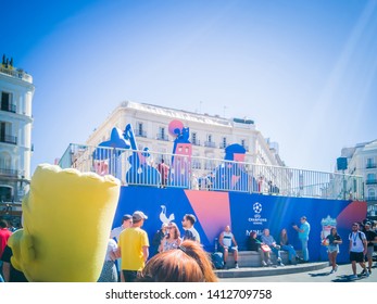 Madrid / Spain - May 31, 2019: The Puerta Del Sol During The Celebration Of The UEFA Champions League Final In 2019