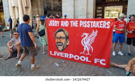 MADRID, SPAIN - MAY 31: Liverpool Fans In The Plaza Mayor Before The Champions League Final On May 31, 2019 In Madrid, Spain.