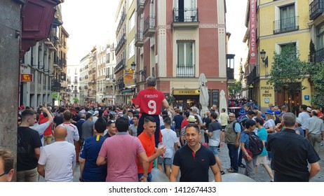 MADRID, SPAIN - MAY 31: Liverpool Fans In The Plaza Mayor Before The Champions League Final On May 31, 2019 In Madrid, Spain.