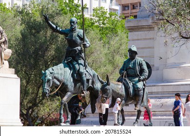 MADRID, SPAIN - MAY 9, 2014: Sculpture of Don Quixote on the Plaza de Espana, Madrid, Spain. Fictional character of Miguel Cervantes novel, who was a Spanish novelist, poet and playwright