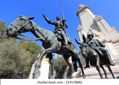 Madrid, Spain - monuments at Plaza de Espana. Famous fictional knight, Don Quixote and Sancho Pansa from Cervantes' story.