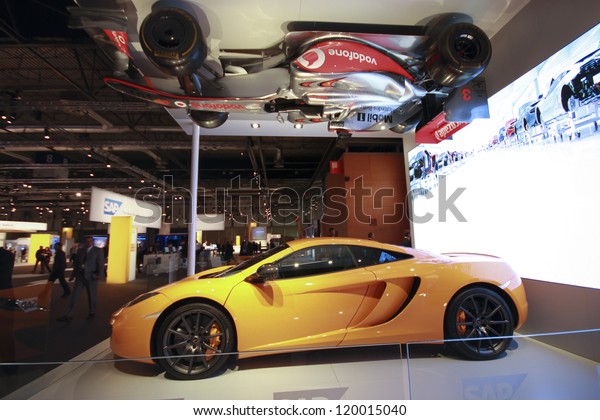 MADRID,\
SPAIN, NOV 13, 2012 - Real McLaren race and hanging upside down\
Formula One cars showcase SAP analytic software at Sapphire Now\
conference on Nov 13, 2012 in Madrid,\
Spain