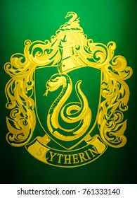 MADRID, SPAIN - NOV 22, 2017: Slytherin Symbol, Wizarding World Of Harry Potter Experience In Madrid, Spain