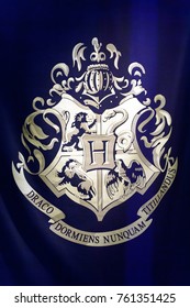 MADRID, SPAIN - NOV 22, 2017: Hogwarts school logo, Wizarding world of Harry Poter experience in Madrid, Spain