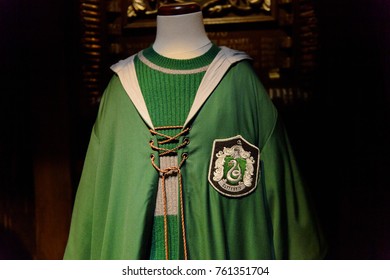 MADRID, SPAIN - NOV 22, 2017: Draco Malfoy Quidditch Uniform, Wizarding World Of Harry Poter Experience In Madrid, Spain