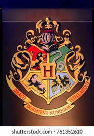 MADRID, SPAIN - NOV 22, 2017: Hogwarts school logo, Wizarding world of Harry Poter experience in Madrid, Spain