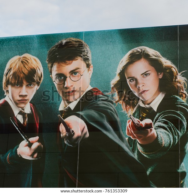 MADRID, SPAIN - NOV 22, 2017: Daniel Radcliffe, Emma Watson and Rupert Grint on the Poster of the Wizarding world of Harry Poter experience in Madrid, Spain