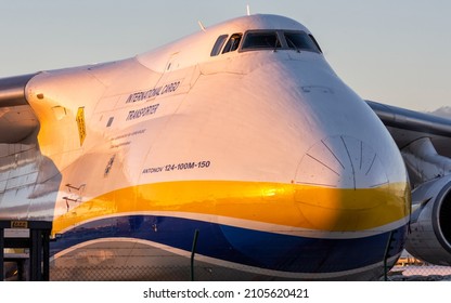 MADRID, Spain; NOV 23 2018. An Antonov 124 International Cargo Plane Close Up At Sunset