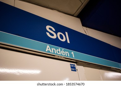 Madrid, Spain; November 12 2020: 
Platform of line 1 of Sol metro station in Madrid