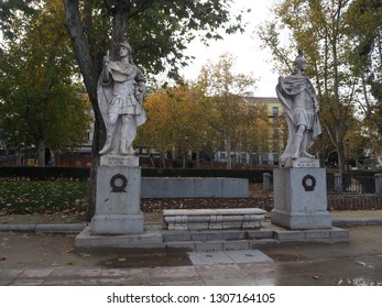 Madrid, Spain, November 19, 2018. Statues Of Inigo Arista King Of Pamplona And Alfonso I Catolic King Of Asturias At Plaza De Oriente In Madrid, Spain.