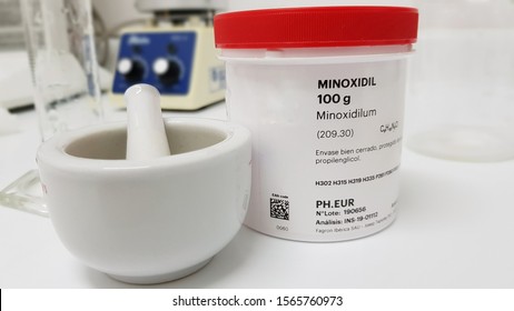 MADRID, SPAIN - NOVEMBER 20: Minoxidil container for the treatment of alopecia on November 20, 2019 in Madrid, Spain.