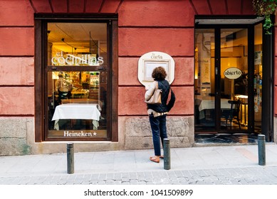 Madrid, Spain - November 3, 2017: Gastro Bar In Malasana District In Madrid. Malasana Is One Of The Trendiest Neighborhoods In Madrid, Well Known For Its Counter-cultural Scene