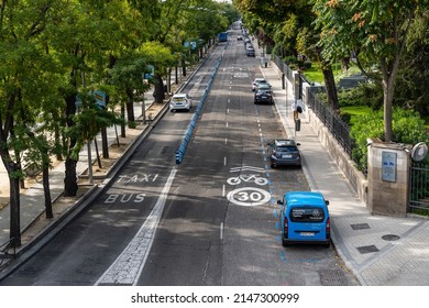Madrid, Spain - October 10, 2021: High angle view Paseo de la Castellana in Madrid with low traffic durig weekend