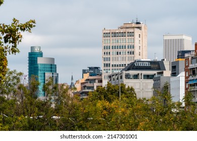Madrid, Spain - October 10, 2021: Cityscape of the downtown of Madrid around Paseo de la Castellana from Juan Bravo overpass. Upscale district with representative office buildings, headquarters of