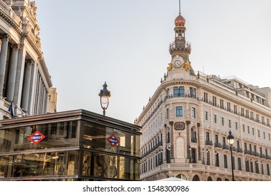 Madrid /Spain - October 13, 2019:  Beautiful architecture in the plaza at the Gran Via metro station in central Madrid.
