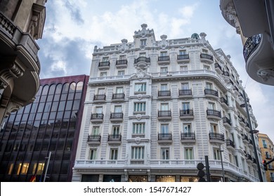 Madrid /Spain - October 14, 2019:  Beautiful architecture in the Plaza Mayor area in central Madrid, with traditional wrought iron balconies.