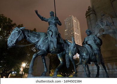Madrid, Spain - October 15, 2018:  Monument to Cervantes (Monumento a Cervantes). Sculpture dedicated to Spanish novelist Miguel de Cervantes, author of “Don Quixote.”