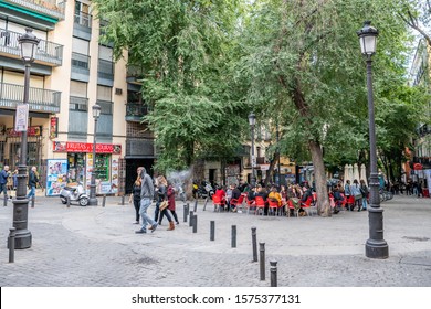 Madrid / Spain - October 19, 2019: People Exploring The Popular Lavapies Neighborhood In Central Madrid, Known For Its Great Nightlife.