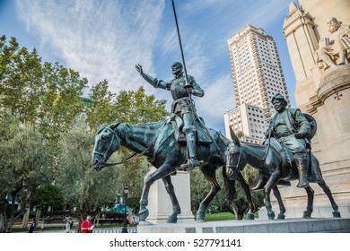 MADRID, SPAIN - OCTOBER, 2016: Cityscape. Fountain with statues of Don Quixote and Sancho Panza at Plaza Espana.
