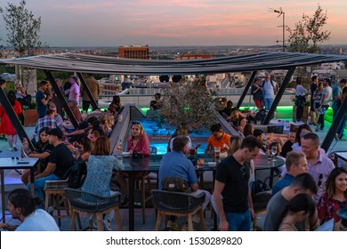 MADRID, SPAIN - OCTOBER 2019: Circle Of Fine Arts Rooftop Pub In Madrid. The Roof Of The Círculo De Bellas Artes (CBA) Has One Of The Best And Most Spectacular Views Of Madrid.