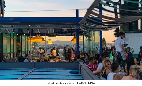 MADRID, SPAIN - OCTOBER 2019: Circle Of Fine Arts Rooftop Pub In Madrid. The Roof Of The Círculo De Bellas Artes (CBA) Has One Of The Best And Most Spectacular Views Of Madrid.