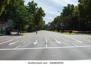 Madrid, Spain. October, 2021. Empty road at Paseo de la Castellana, one of the most famous avenues in downtown Madrid