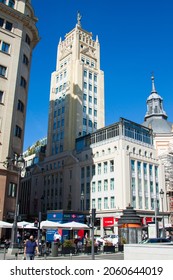 Madrid, Spain. October, 2021. Neoclassical Building With A Modern Tower At Calle Alcalá (Alcalá Street)in Downtown City