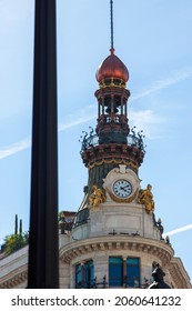 Madrid, Spain. October, 2021. Top Of  Four Seasons Hotel Building, Known As Palacio De La Equitativa In Spanish At Calle Alcalá (Alcalá Street).