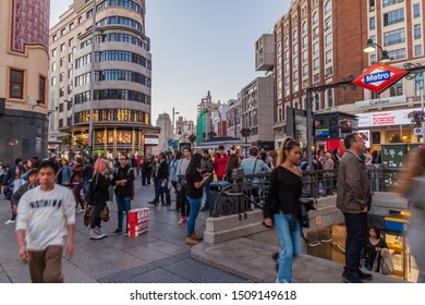 MADRID, SPAIN - OCTOBER 21, 2017: People at Plaza del Callao square in Madrid.