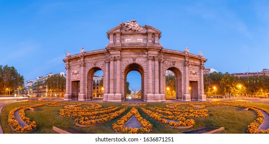 Madrid Spain, Panorama Night City Skyline At Puerta De Alcala