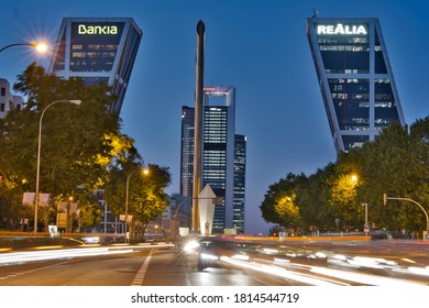 MADRID, SPAIN - SEPTEMBER 04, 2019: Sunset View Of Gate Of Europe (Puerta De Europa) Inclusive Trafic Street In City Of Madrid, Spain.