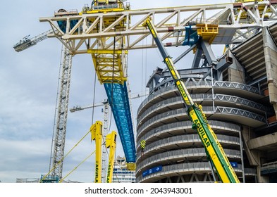 MADRID, SPAIN - SEPTEMBER 13, 2021: Cranes In The Renovation Works Of The Santiago Bernabéu Stadium, Home Of Real Madrid